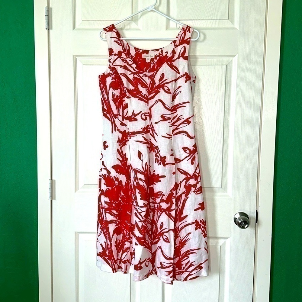 Coldwater Creek Pure Linen Fit & Flare Red White Abstract Print Dress Sz 8